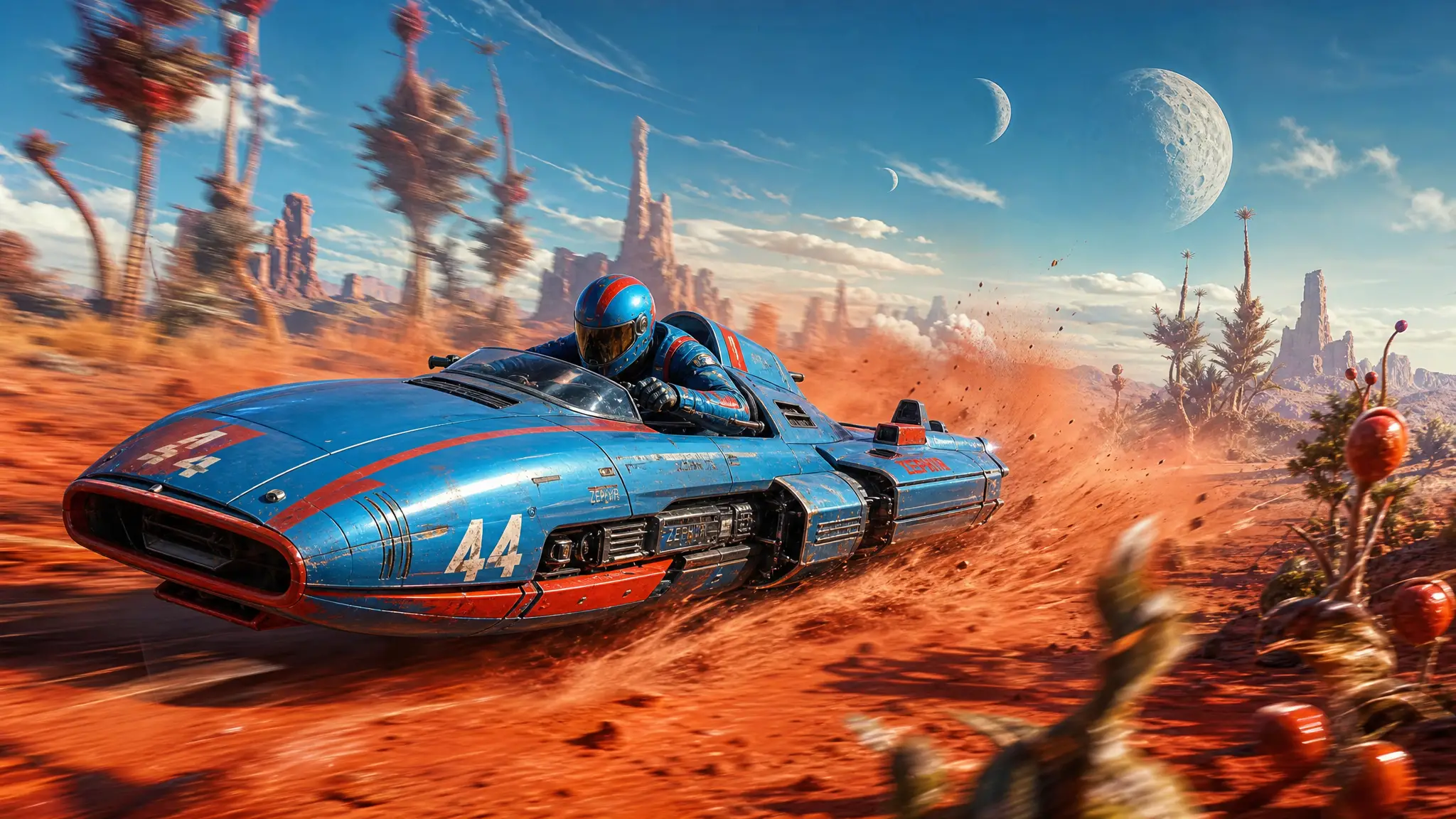 科幻飛車疾駛穿越外星沙漠景觀