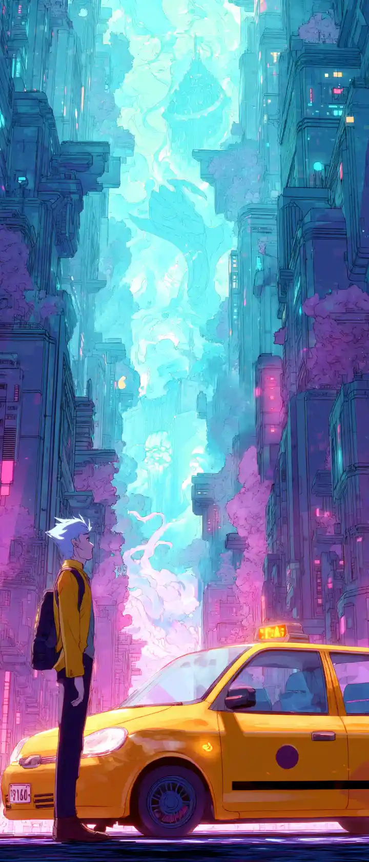 Anime taxi driver guiding glowing souls through neon city