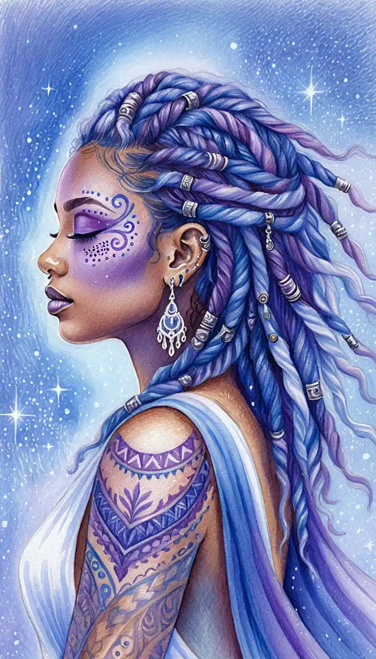 Serene woman in profile with flowing blue fantasy locs