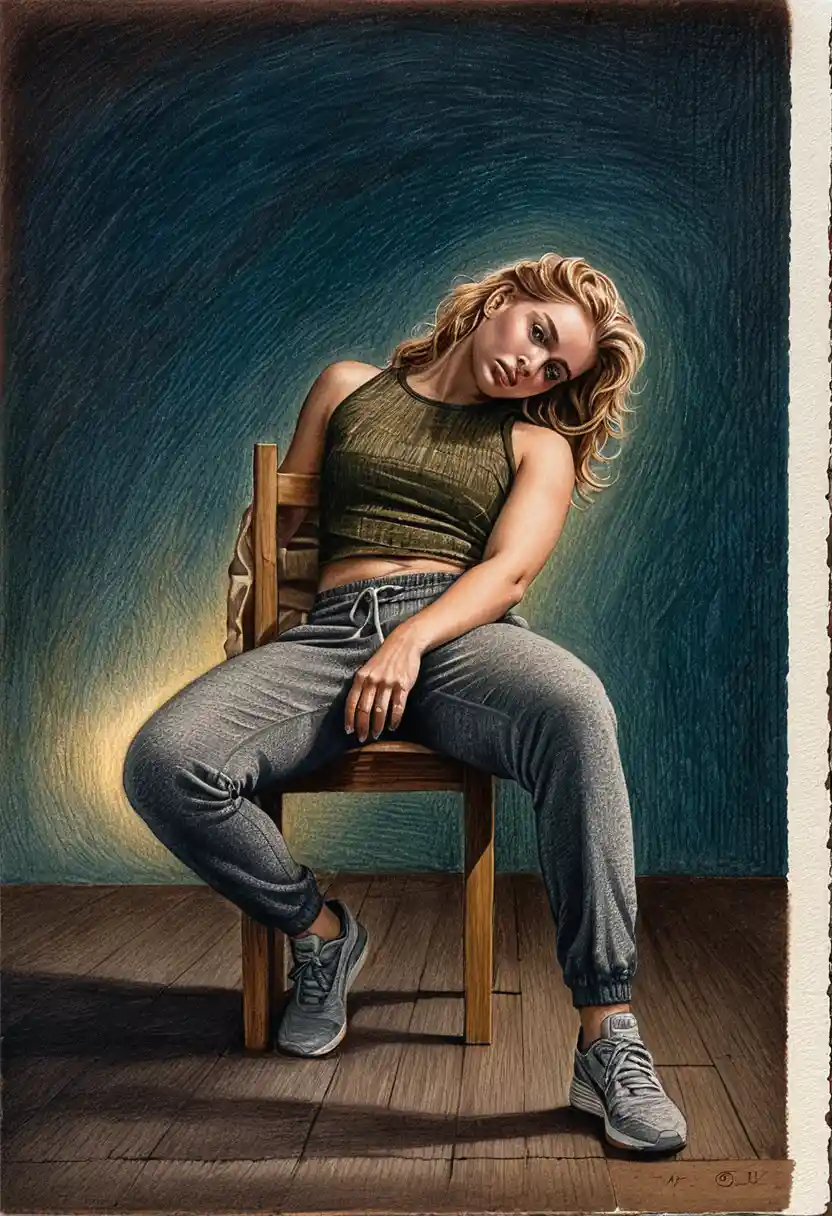 Seated blonde woman in moody spotlight pencil drawing