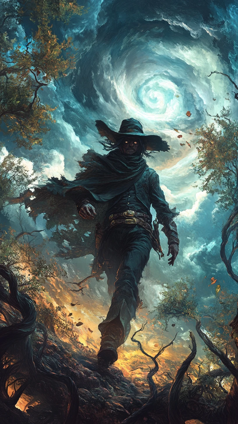 Mysterious Bandit Before A Tornado Sky In Surreal Forest
