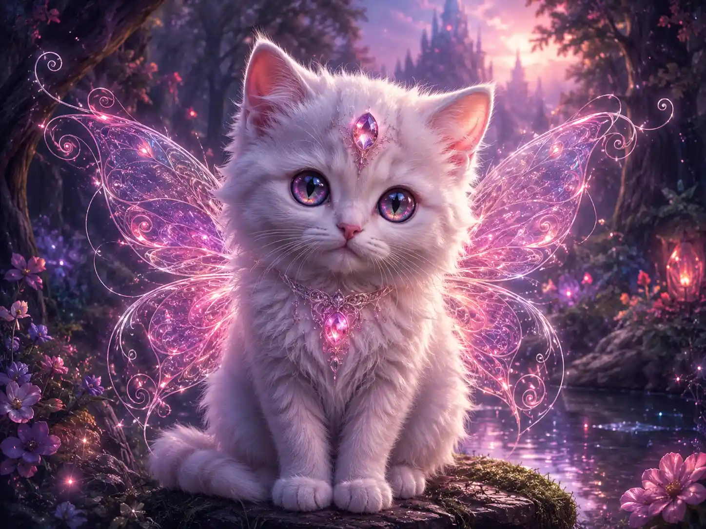 Fluffy white fantasy kitten in an enchanted twilight forest