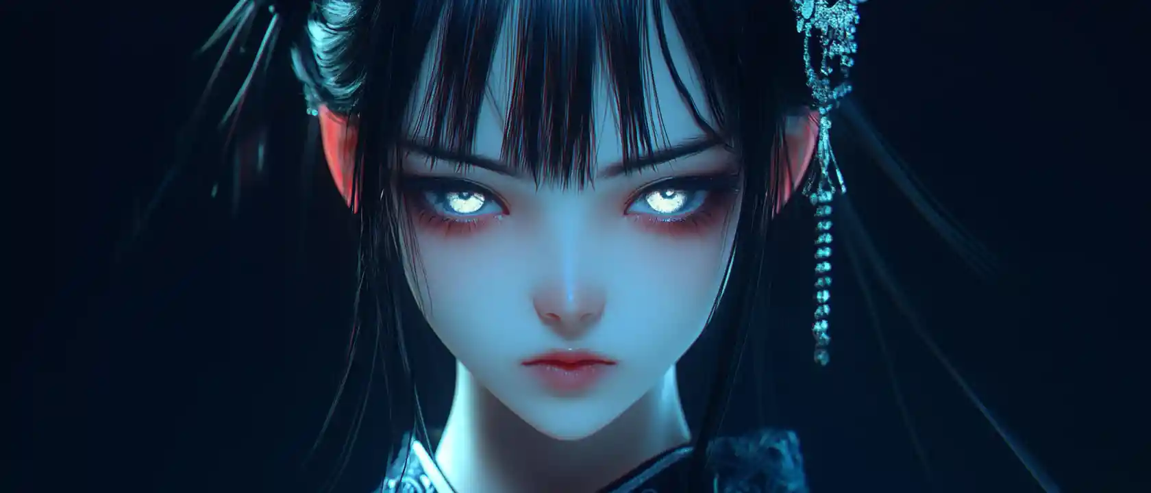 Sad 3D anime girl with glowing eyes in a dark haori