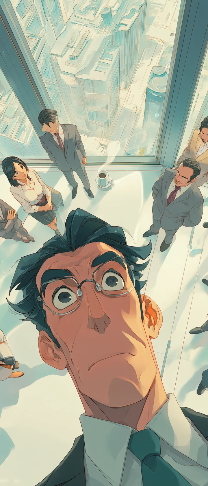 Anime office worker stunned by tiny coffee mug boss
