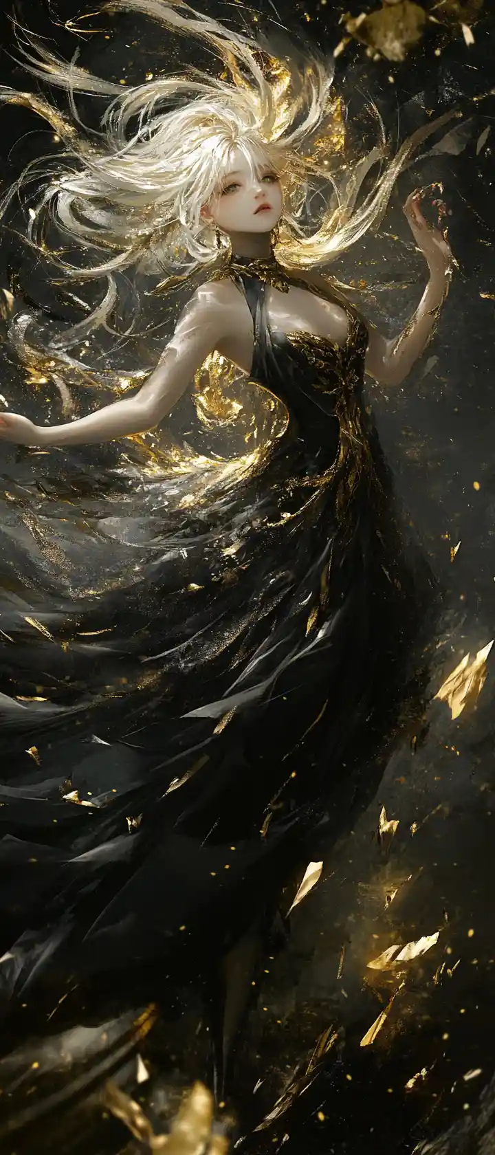 Golden haired girl dancing in dark ethereal sorrow