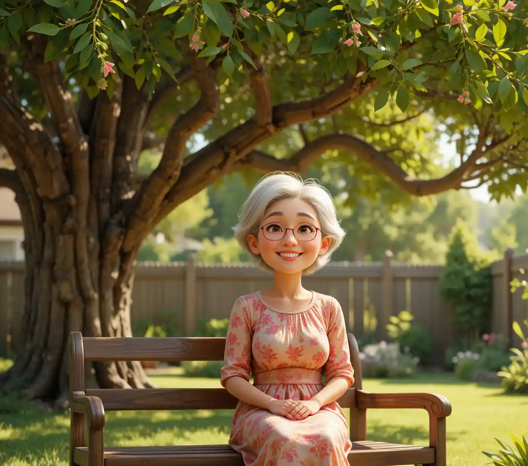 Elderly Asian couple smiling together on a sunny backyard bench
