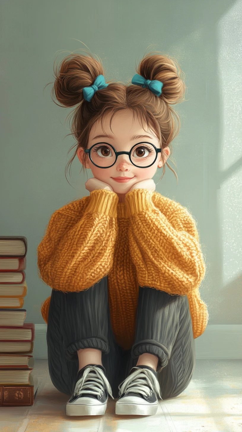 Thoughtful girl in glasses sitting in a minimalist room