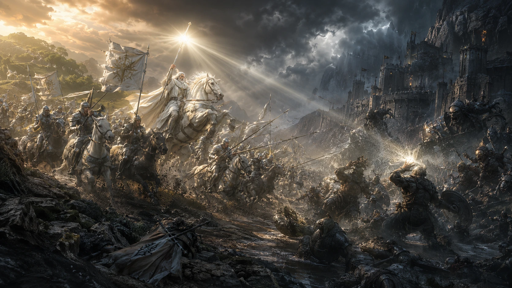 Wizard cavalry charge on a mountainside fortress battlefield