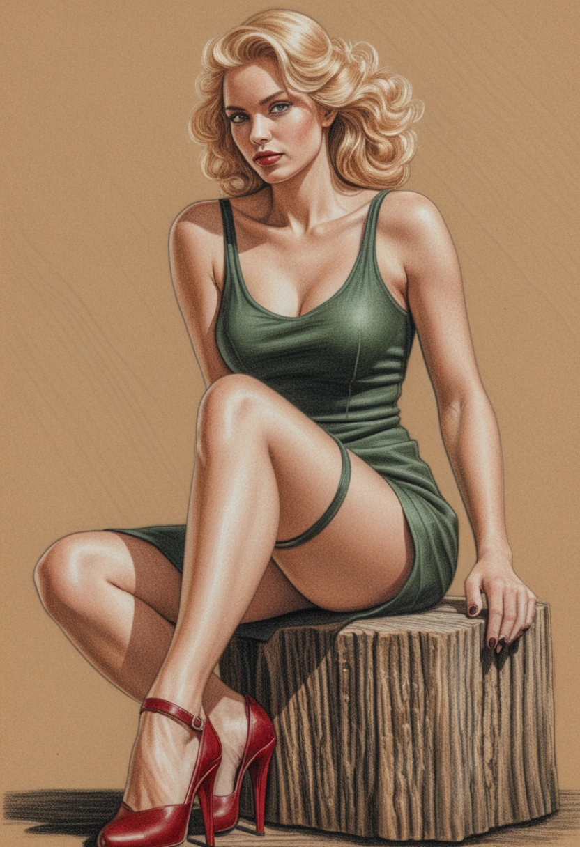 Blonde woman in green dress seated on wooden stump