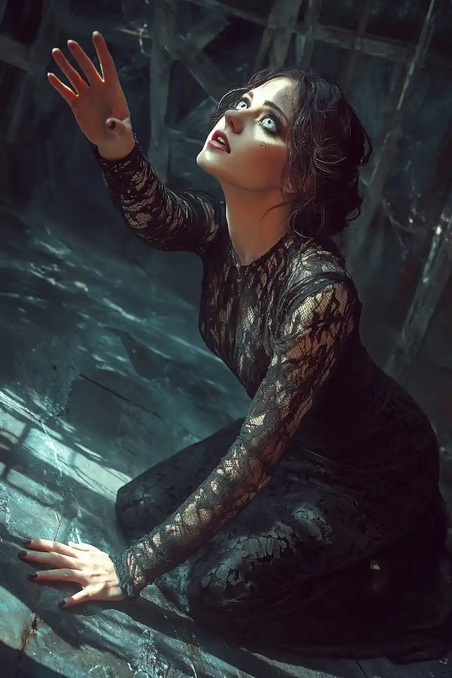Melancholic gothic woman in dark lace at the worlds end