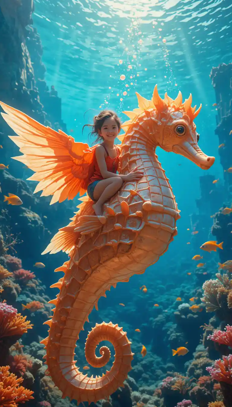Joyful Girl Riding A Colossal Seahorse Underwater
