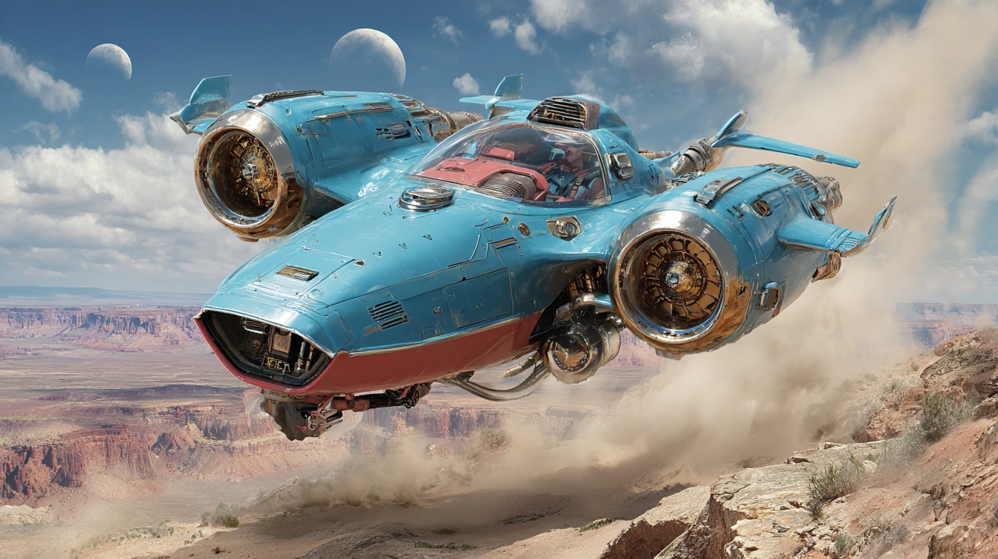 Futuristic land speeder jumping across alien desert canyon