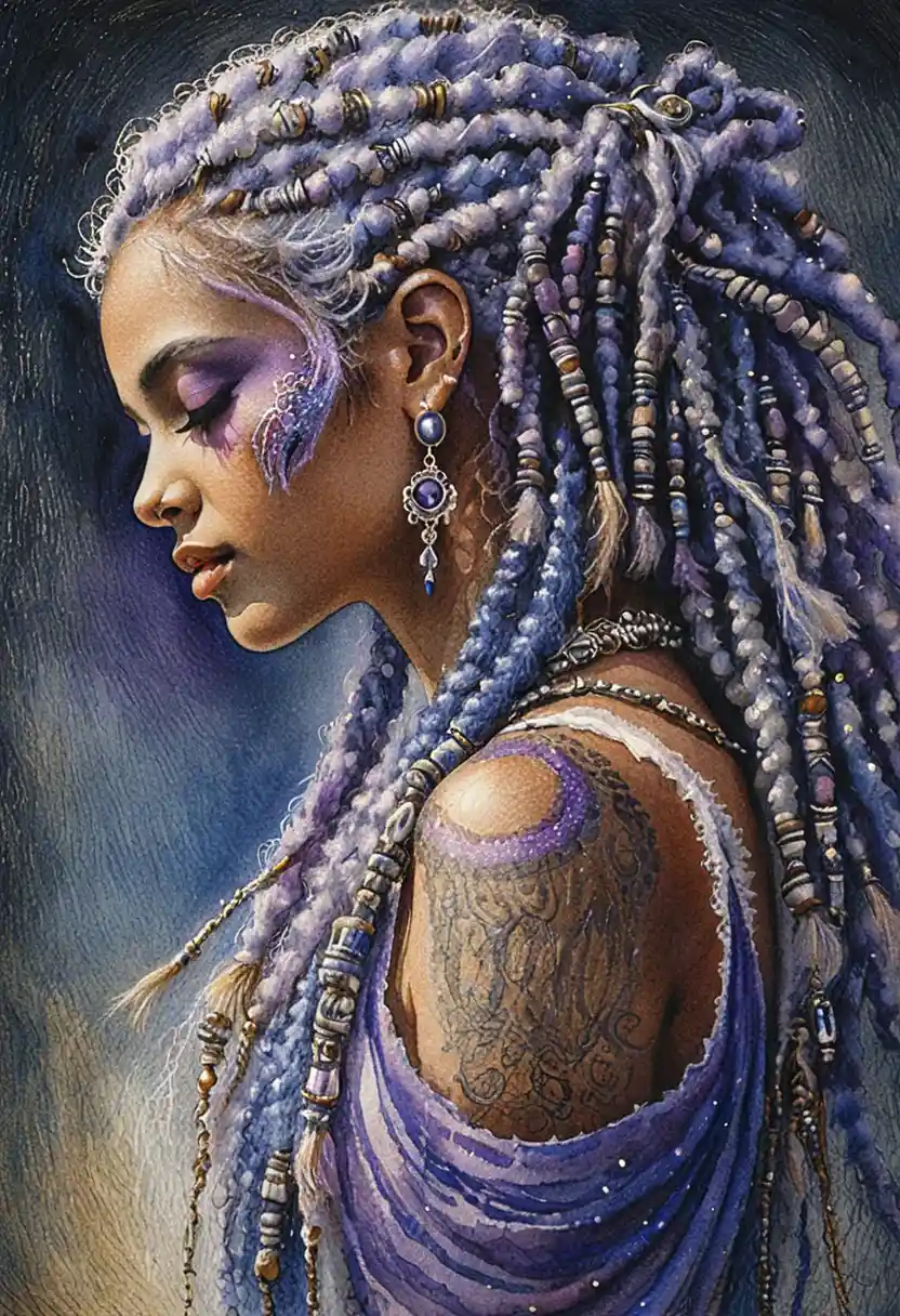 Serene woman in profile with flowing blue fantasy locs