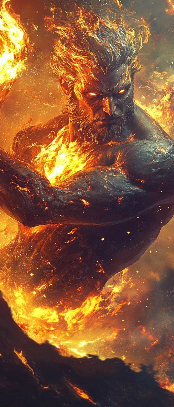 Dios del fuego emergiendo de un volcán en erupción en una escena de fantasía oscura