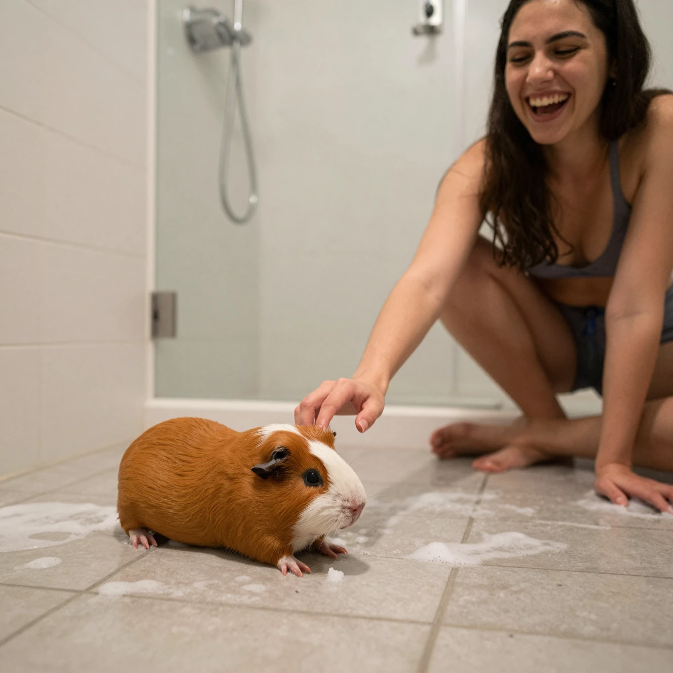 Person dropping a guinea pig on a wet shower floor