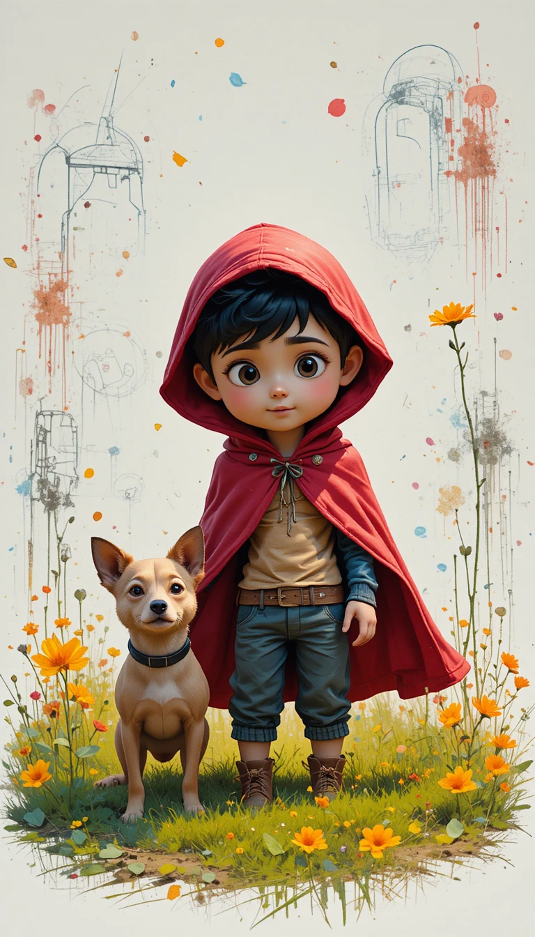 Young boy in a red cape standing in a sunny field