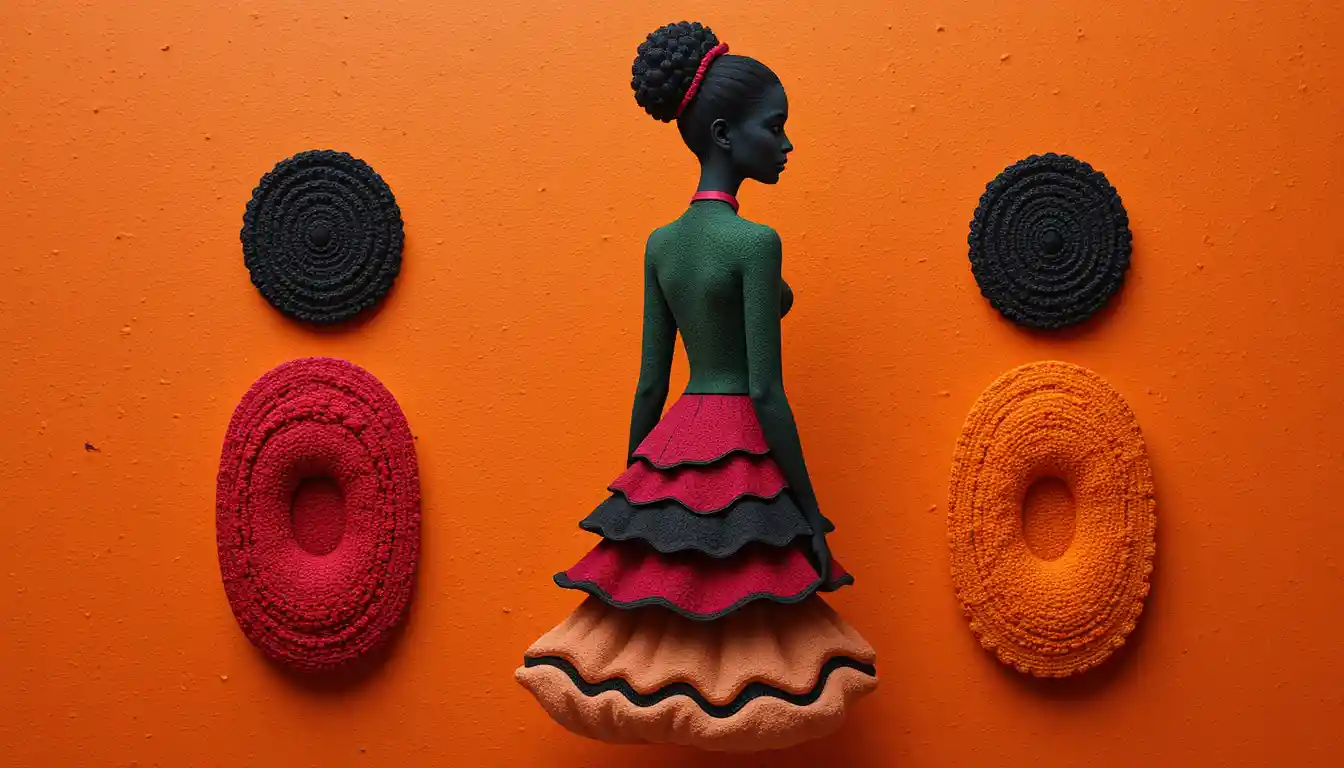 Abstract female silhouette in vibrant layered tribal dress