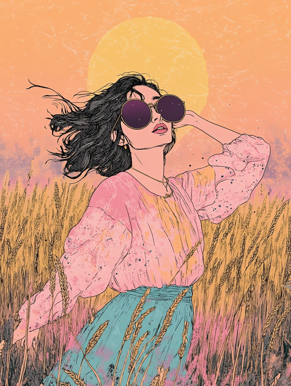 Joyful woman dancing in a wheat field illustration