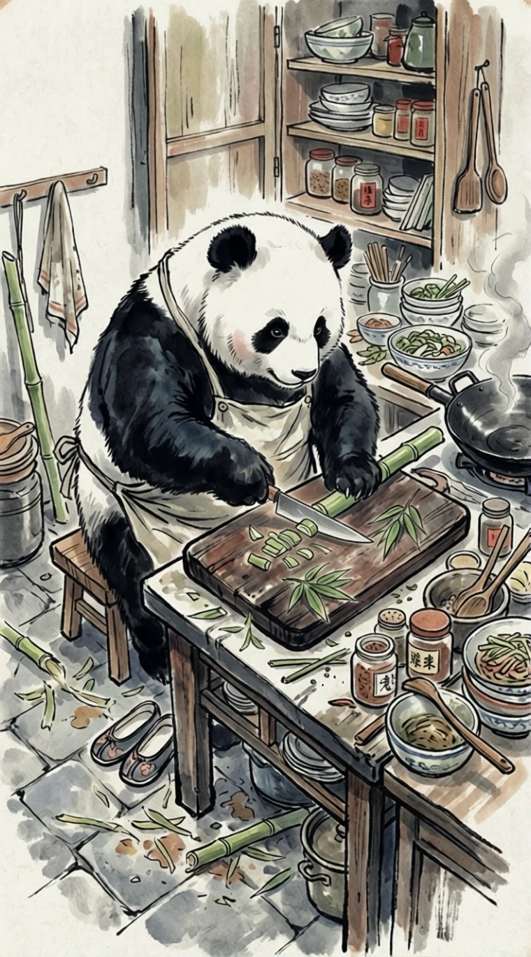 Panda cortando bambú en una cocina desordenada visto desde arriba