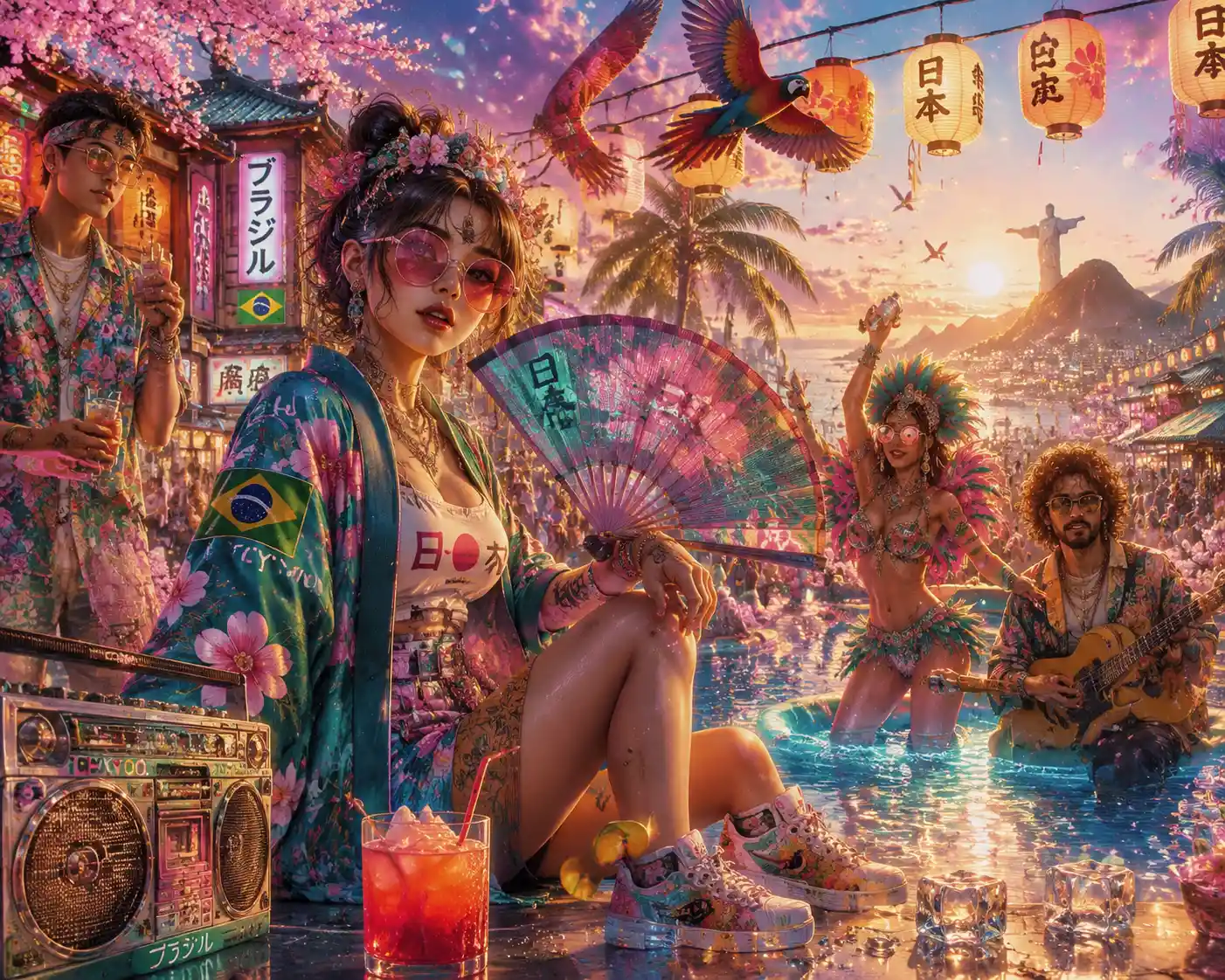 Anime girls at a neon Tokyo beach carnival at sunset