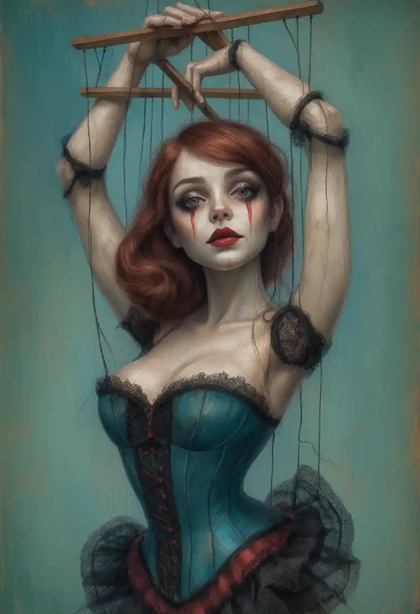 Marionette woman with wooden limbs and crimson corset