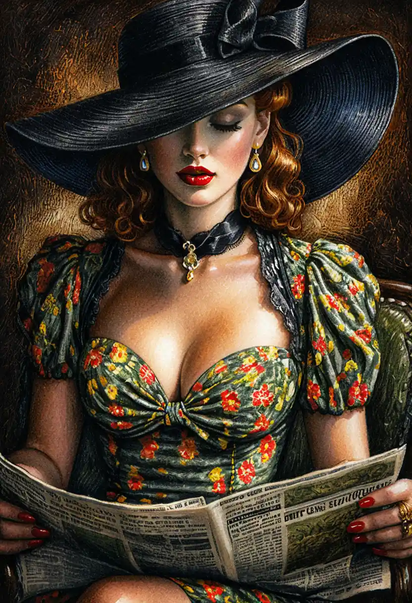 Vintage pin up woman reading a newspaper in black hat