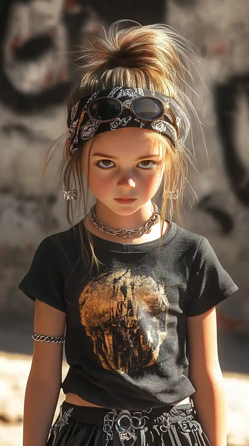 Punk rock girl in black outfit against gritty urban wall