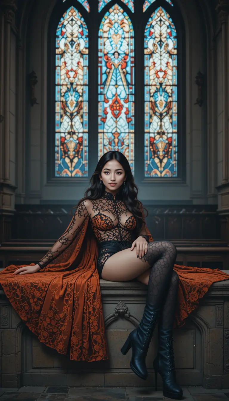 Goth woman reclining on a church altar in lace