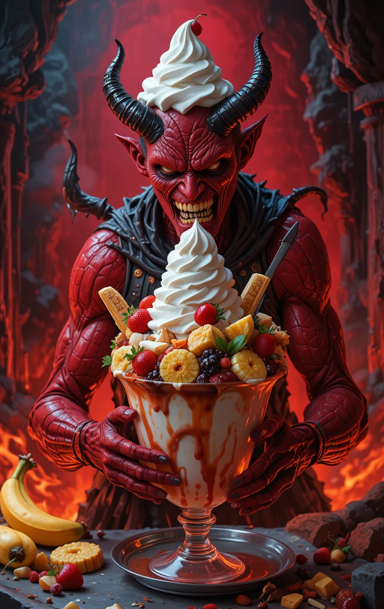 Demon Making Melting Ice Cream Sundaes In Fiery Hell