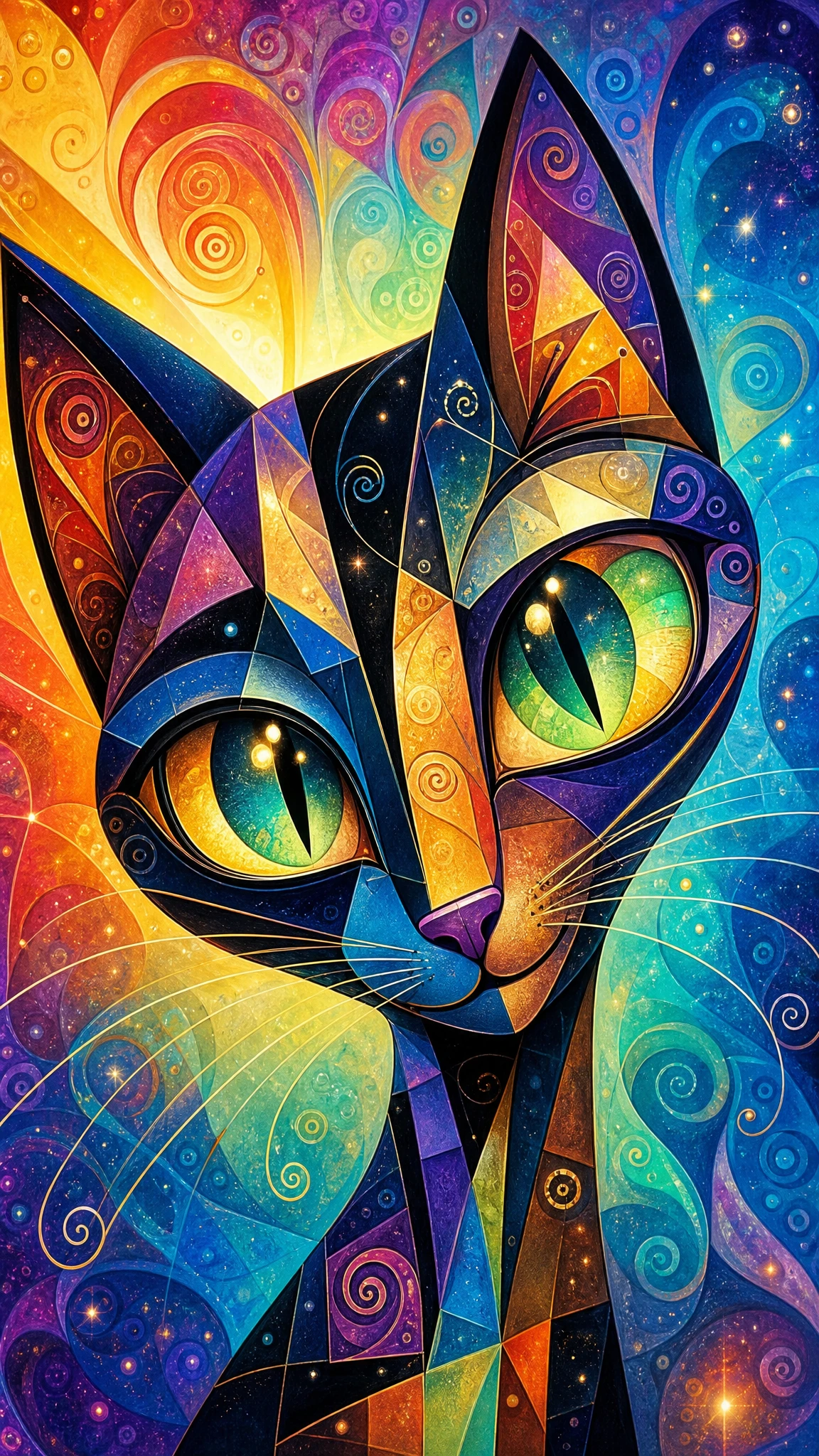 Cubist black cat close up with playful rainbow background