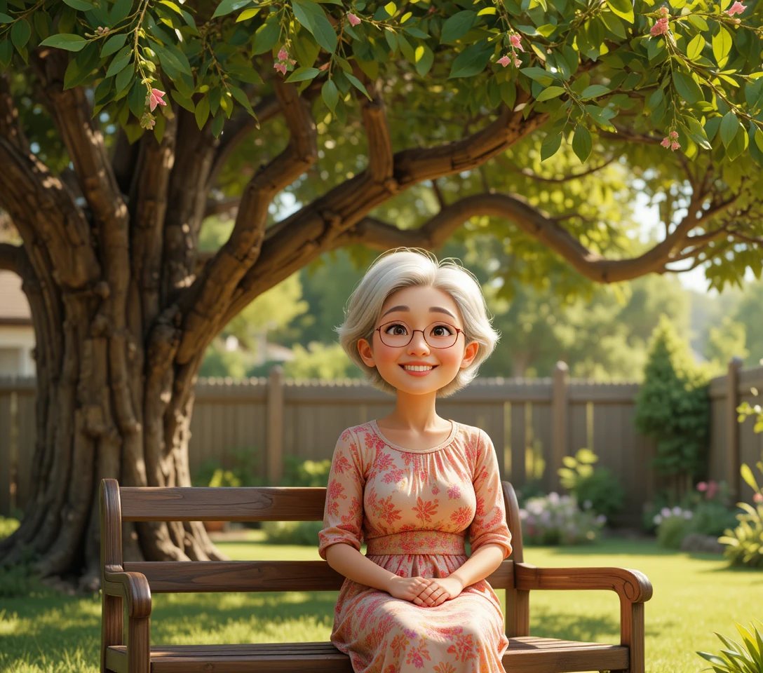 Elderly Asian couple smiling together on a sunny backyard bench