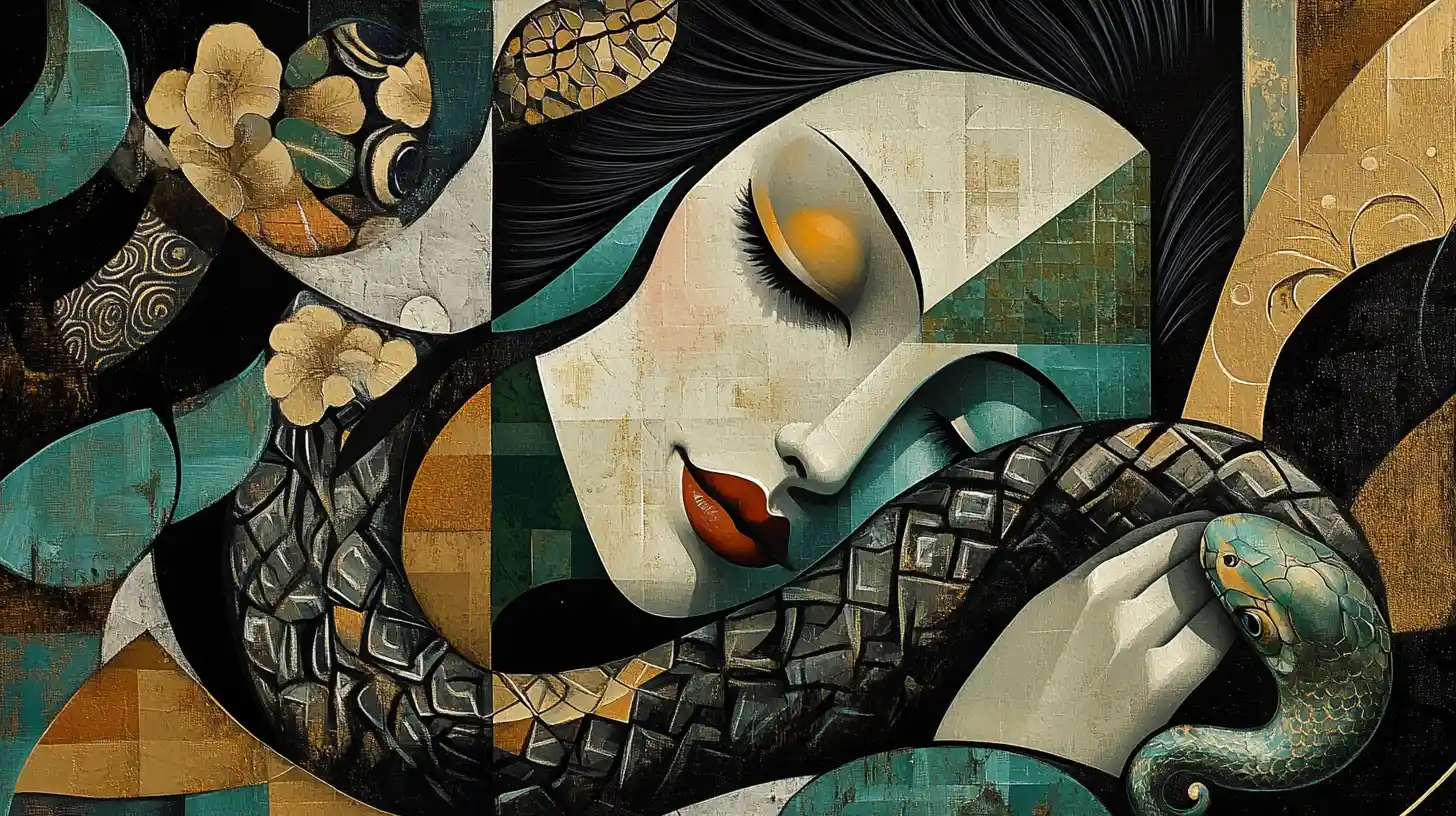 Abstract cubist woman with coiled serpent and floral patterns