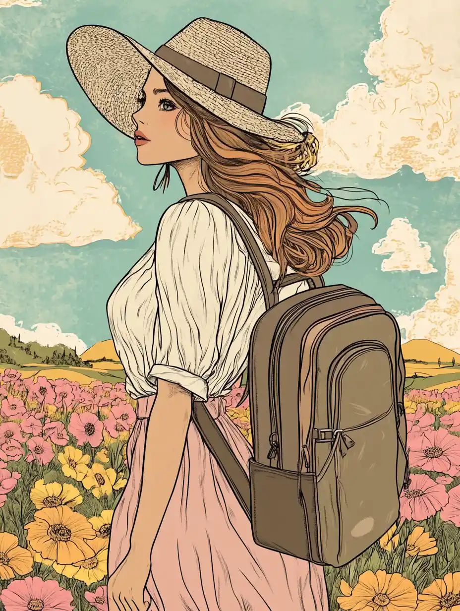 Pastel vector girl with luggage in a flower field
