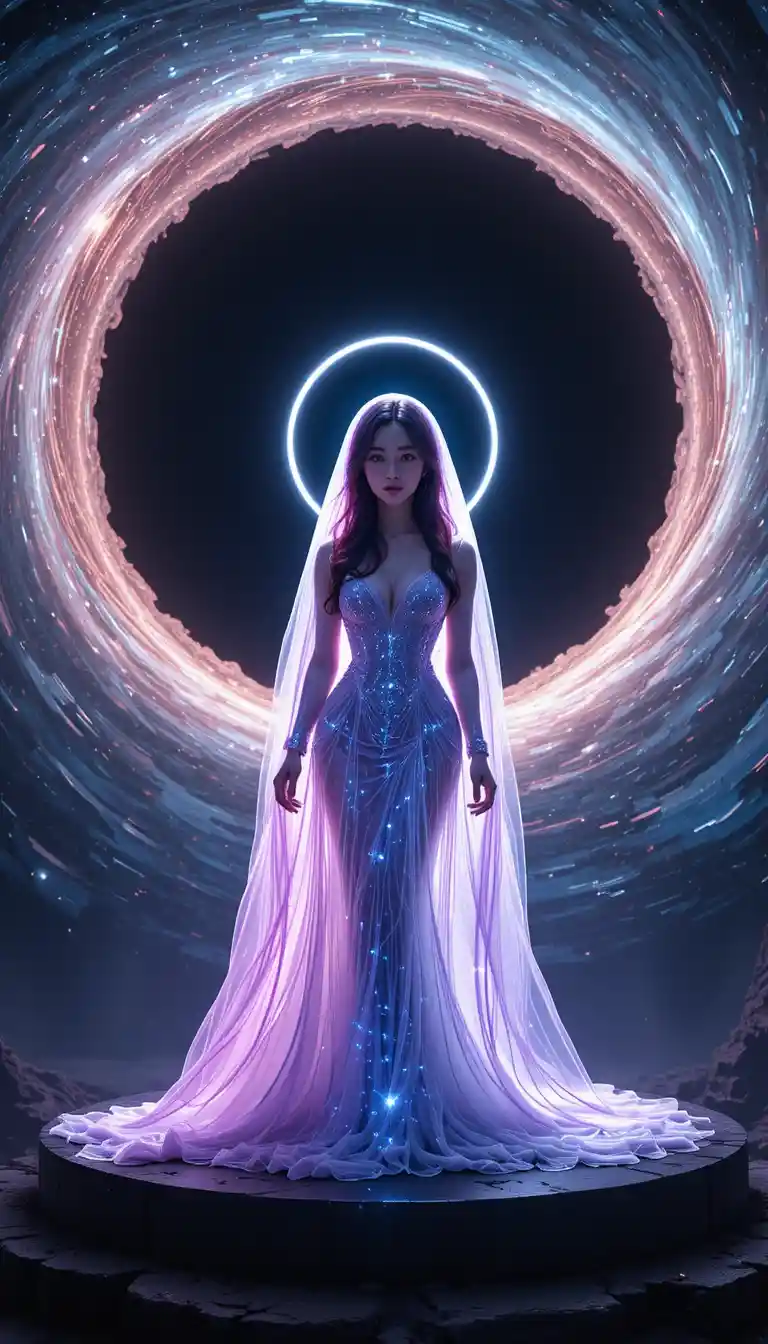 Mystical woman veiled in plasma before a glowing black hole