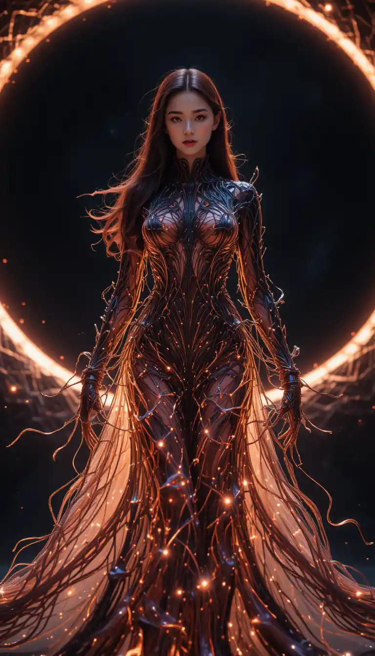 Korean woman in a liquid metal gown at a black hole