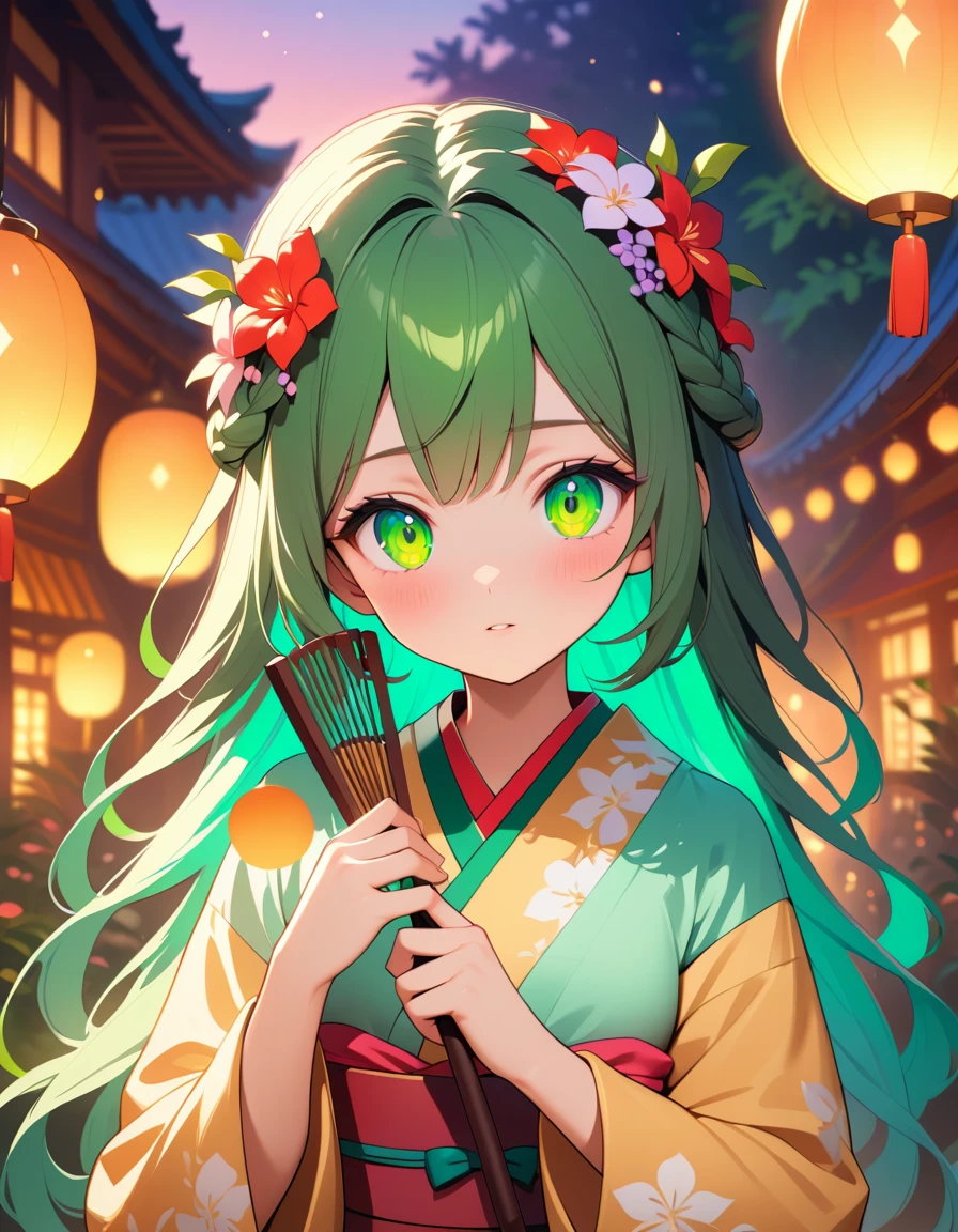Anime doll girl in floral kimono at glowing sunset