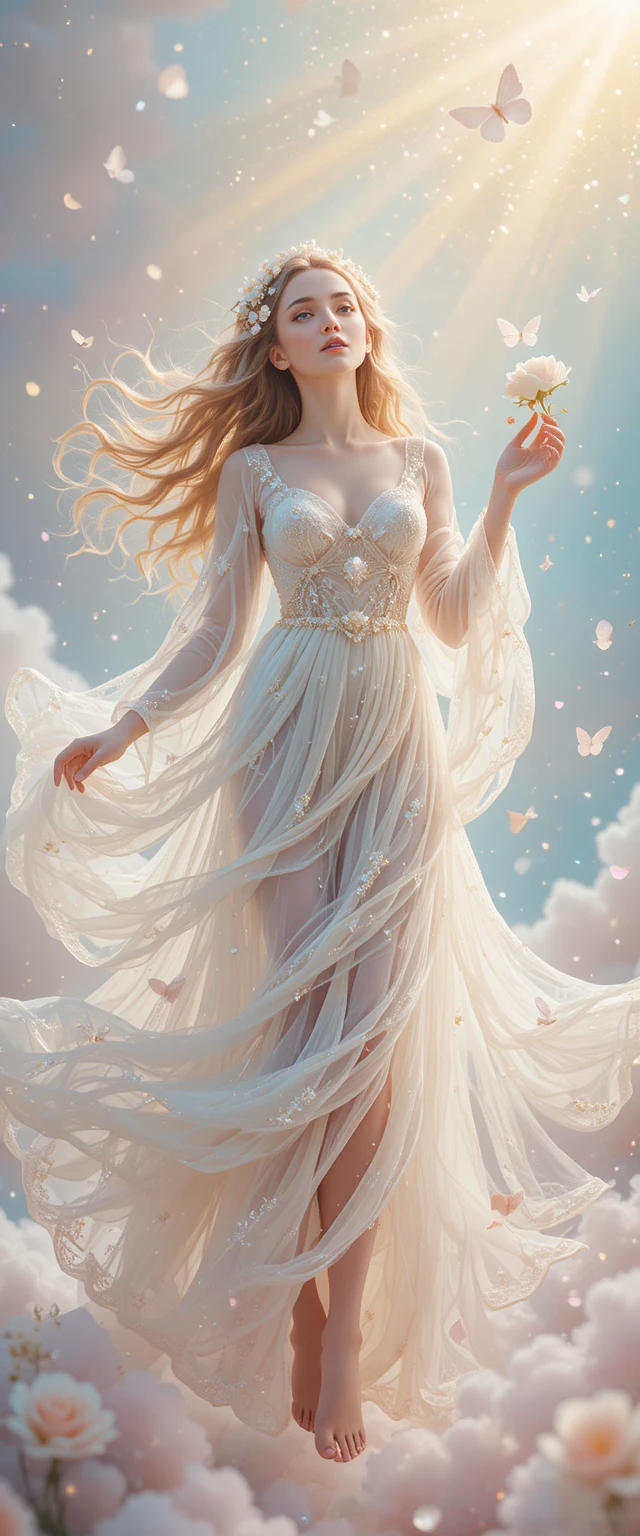 Ethereal woman in a luminous field of celestial light