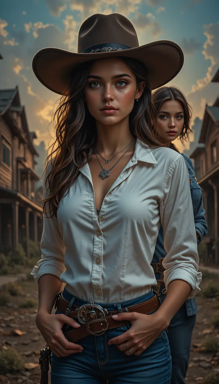 Cowgirl con revolver davanti a una città fantasma del West