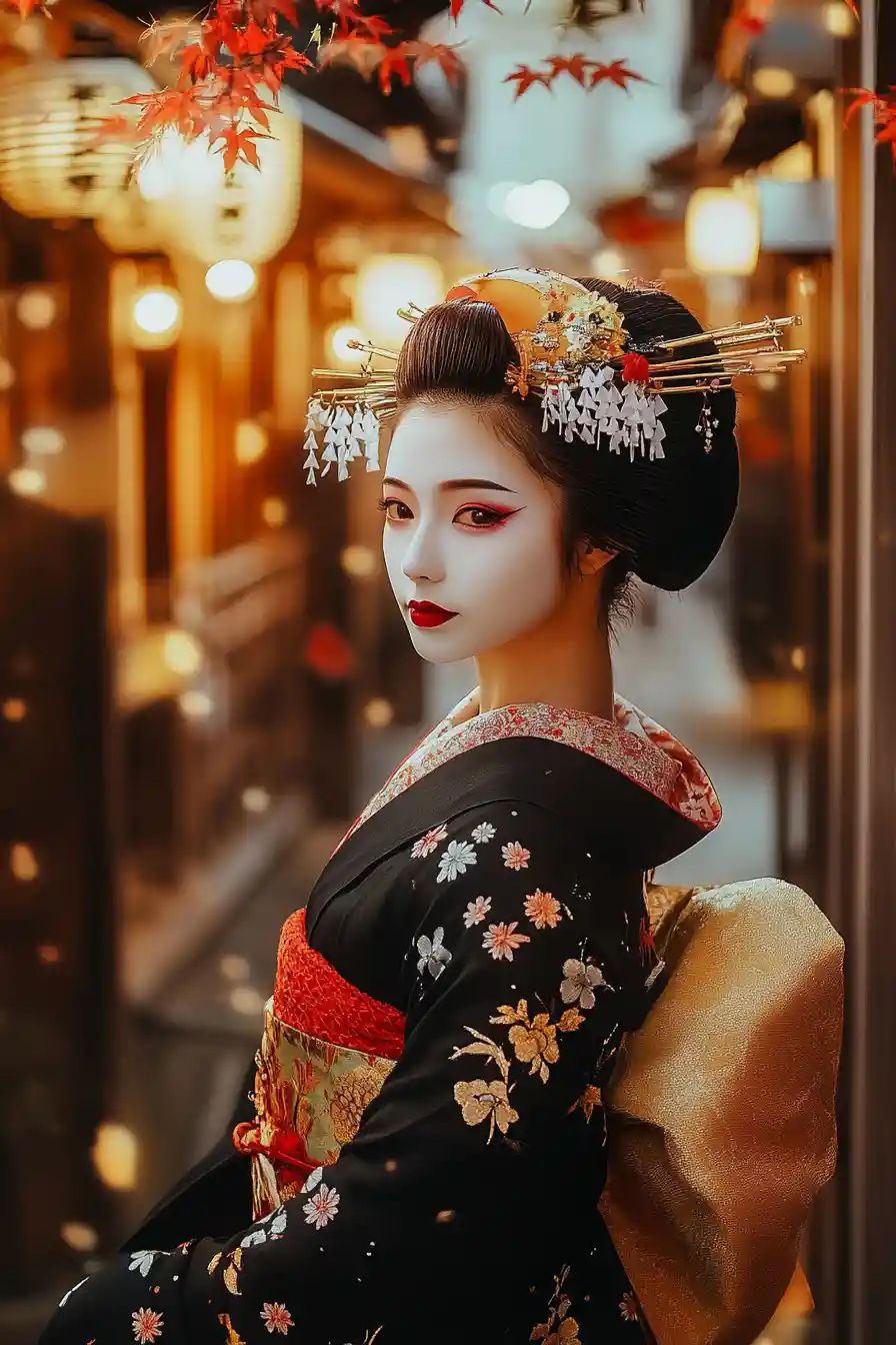 Traumhaftes Porträt einer Geisha in surrealer japanischer Stadt