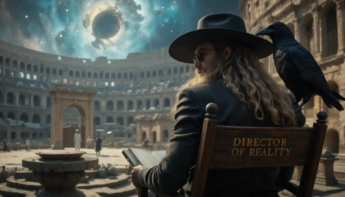 Young man with raven in director chair at colosseum