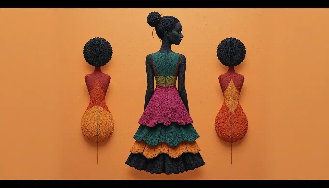 Abstract female silhouette in layered colorful dress