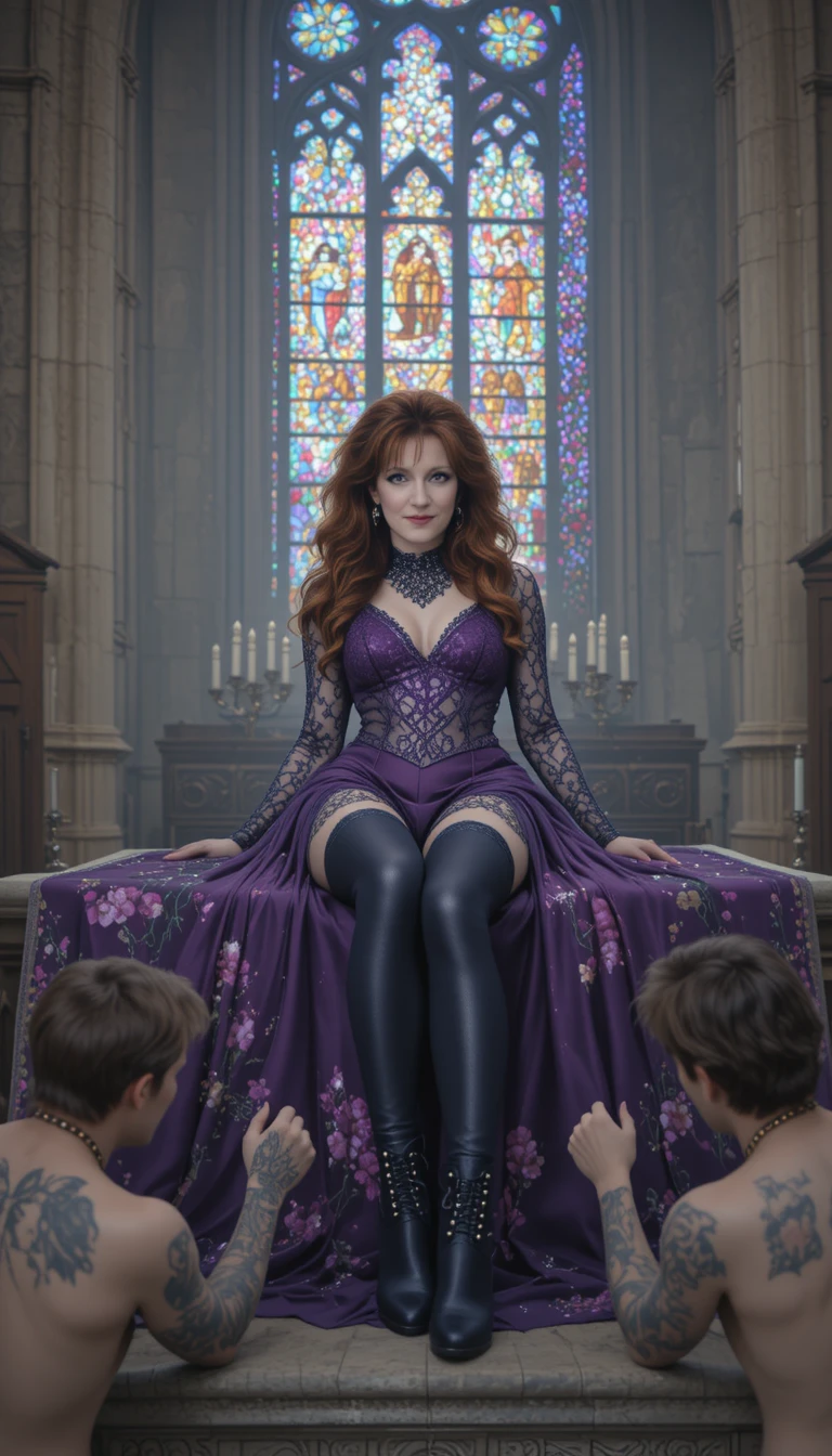 Goth woman reclining on a church altar in lace outfit