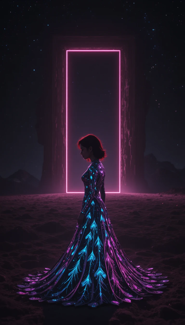 Korean woman guarding a glowing door in cosmic darkness