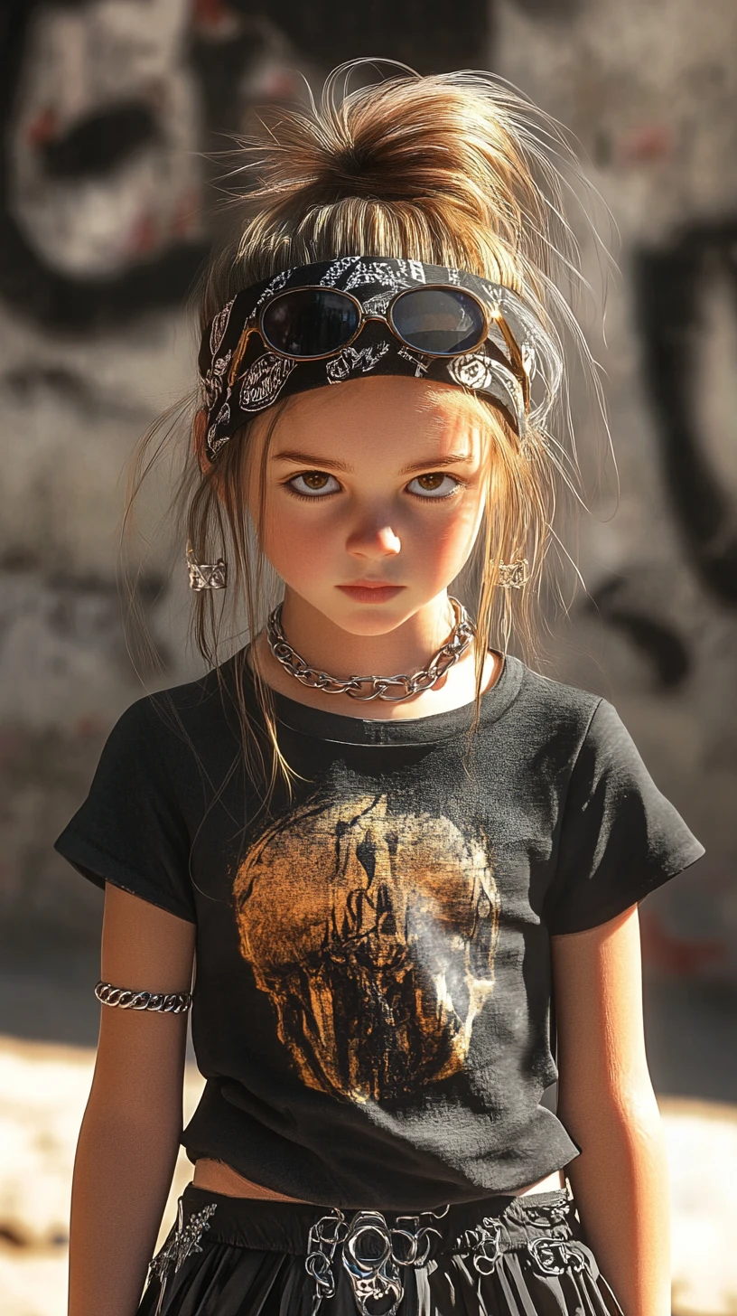 Punk rock girl in black outfit against gritty urban wall