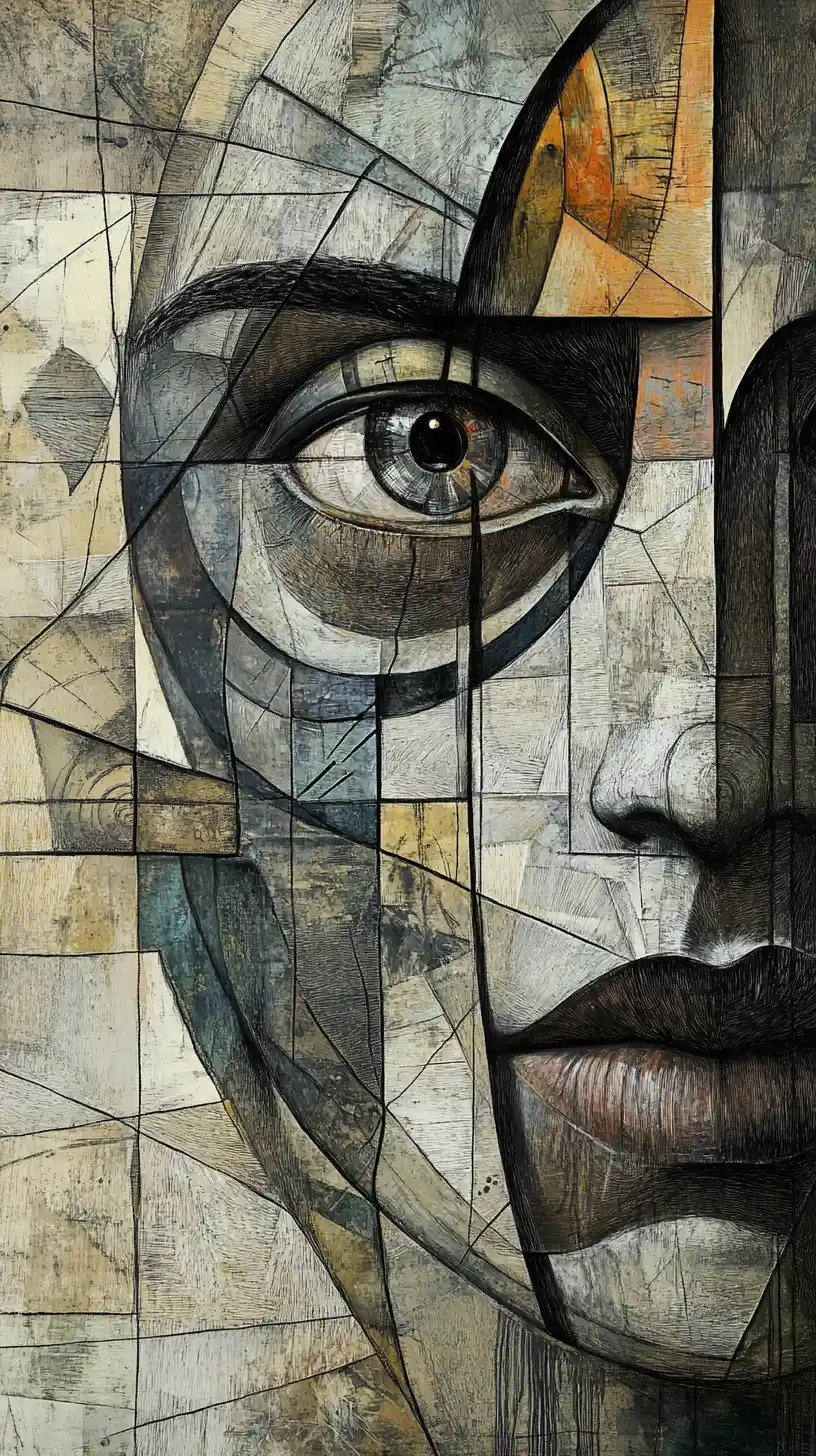 Surreal geometric face with mechanical eye and fragmented mouth
