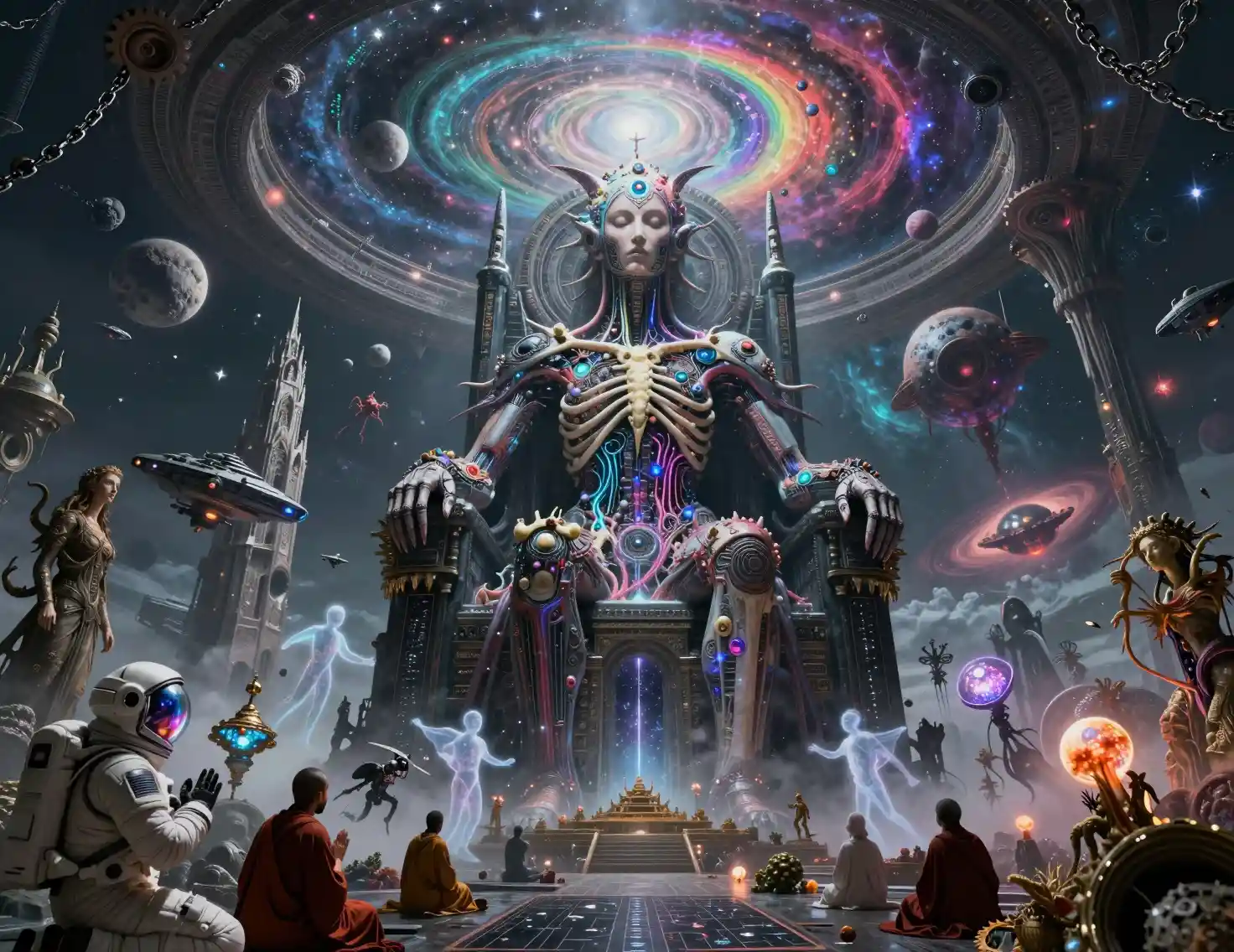 Planet sized biomechanical deity in a collapsing artificial universe