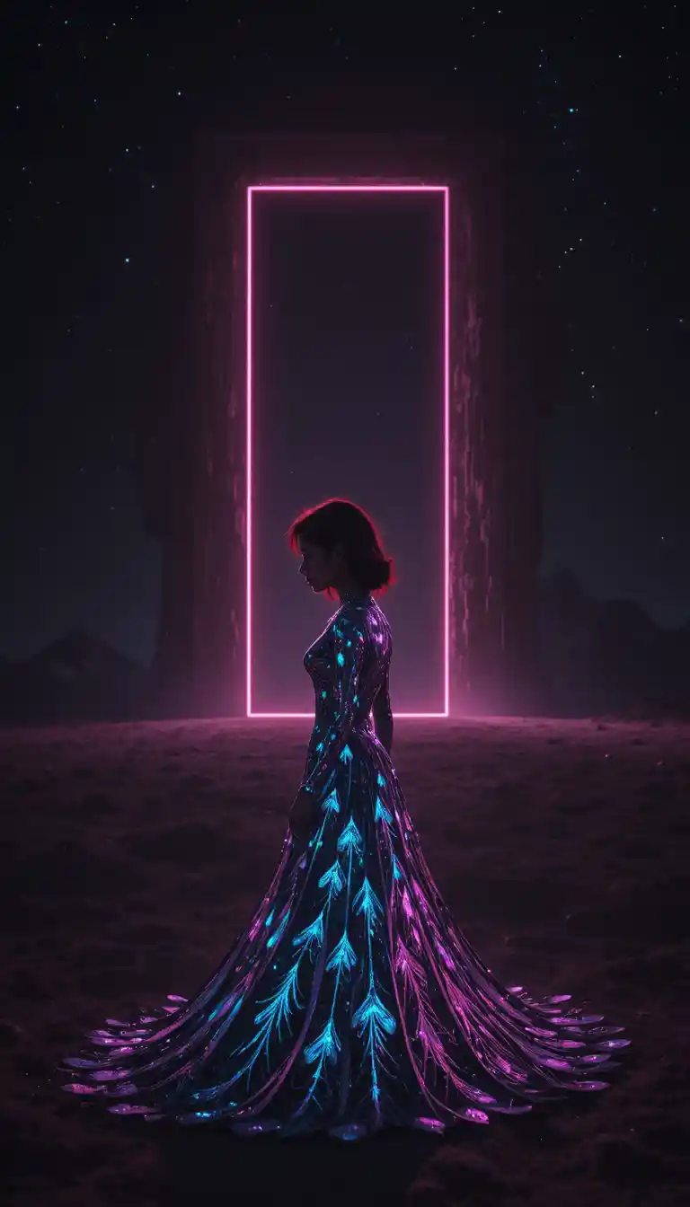 Korean woman guarding a glowing door in cosmic darkness