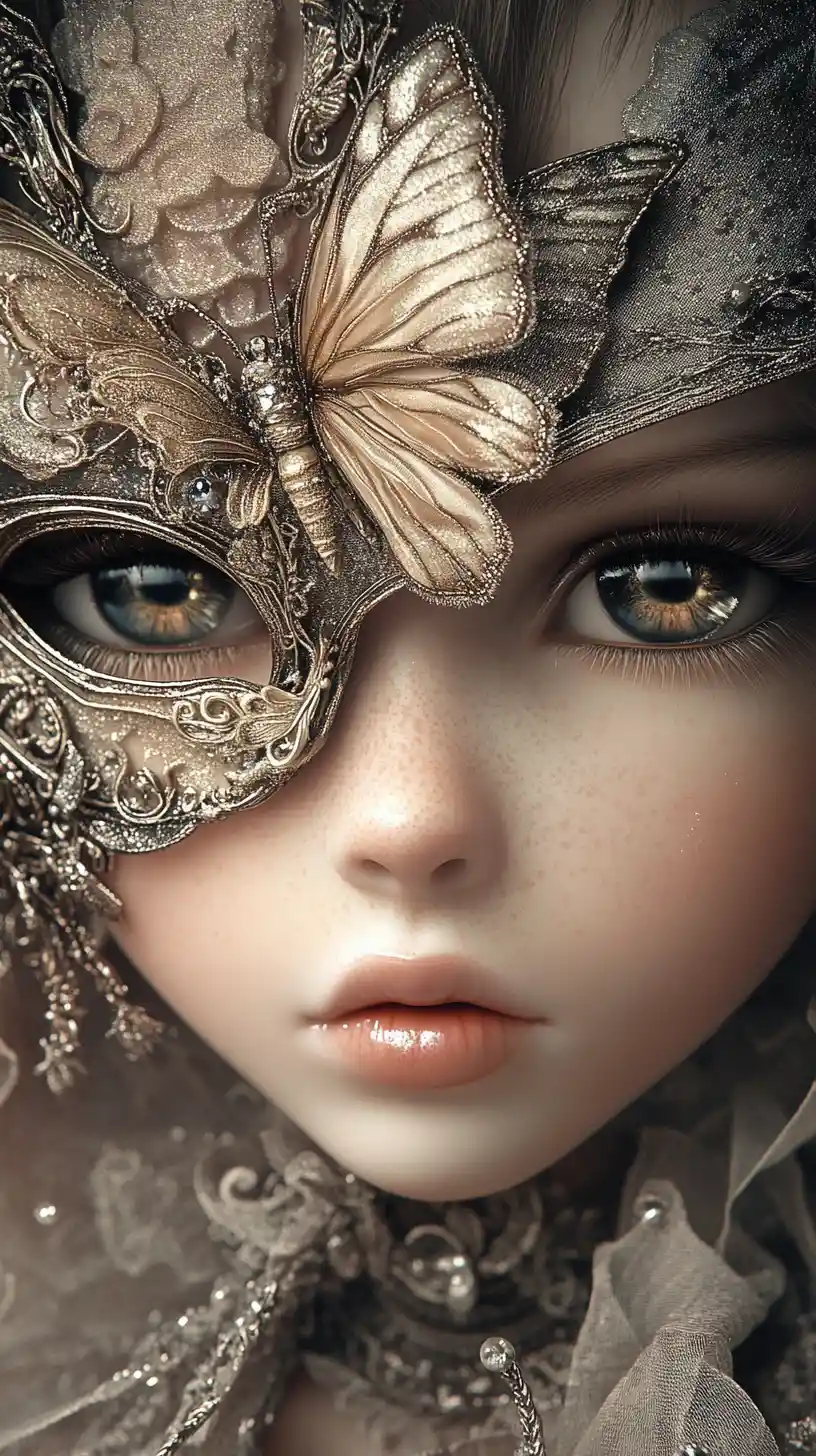 Elegant doll girl with butterfly mask and glowing eyes