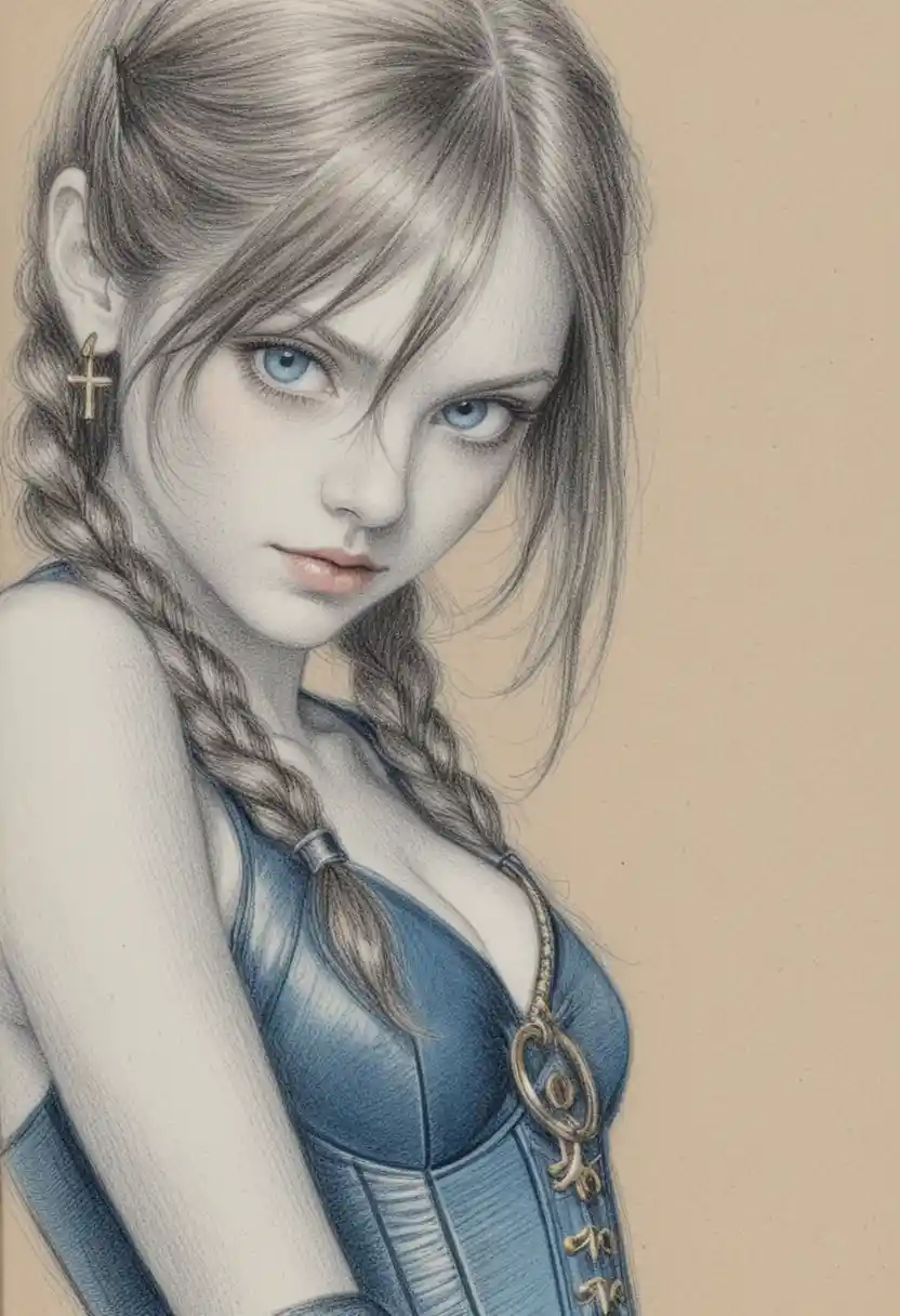 Intense anime woman in corset with dark blue braids