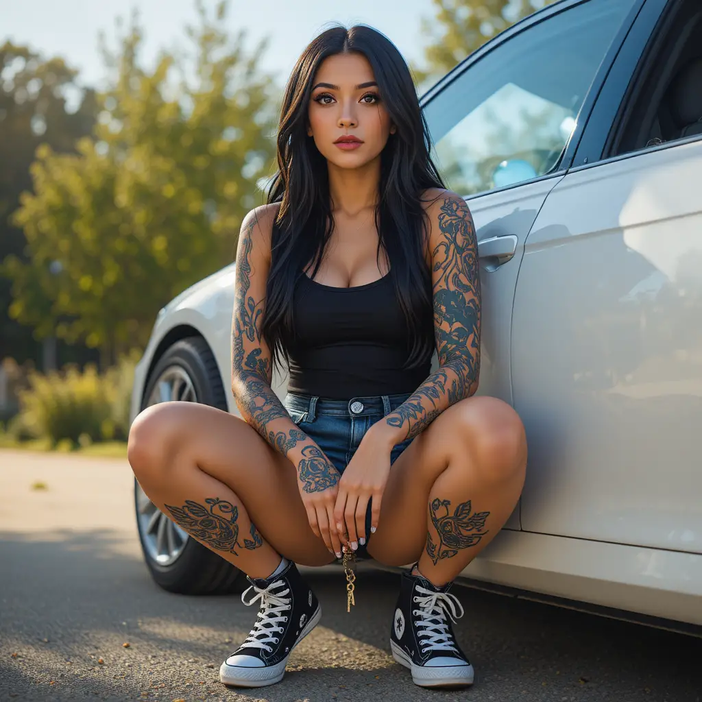 Latina woman squatting beside a white car in casual streetwear